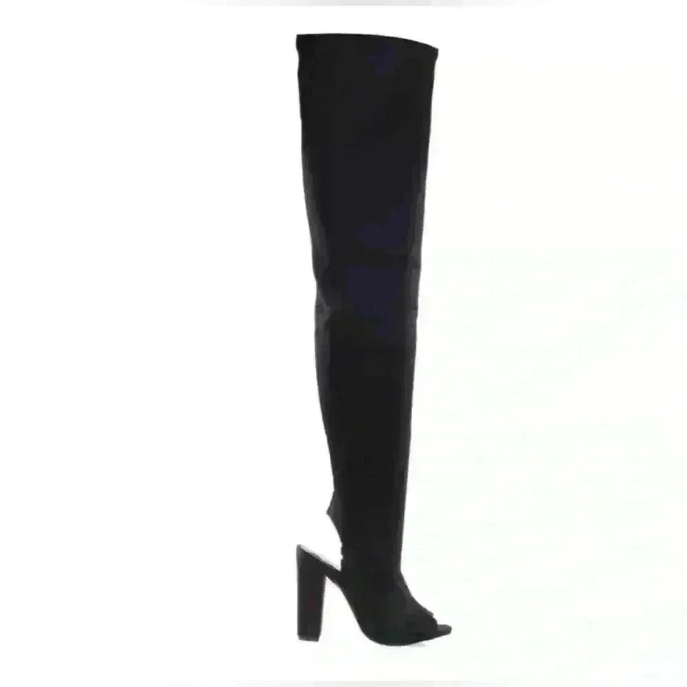 Size 5.5 NWT NIB Bamboo Black over the knee heel boot open toe - Picture 3 of 3